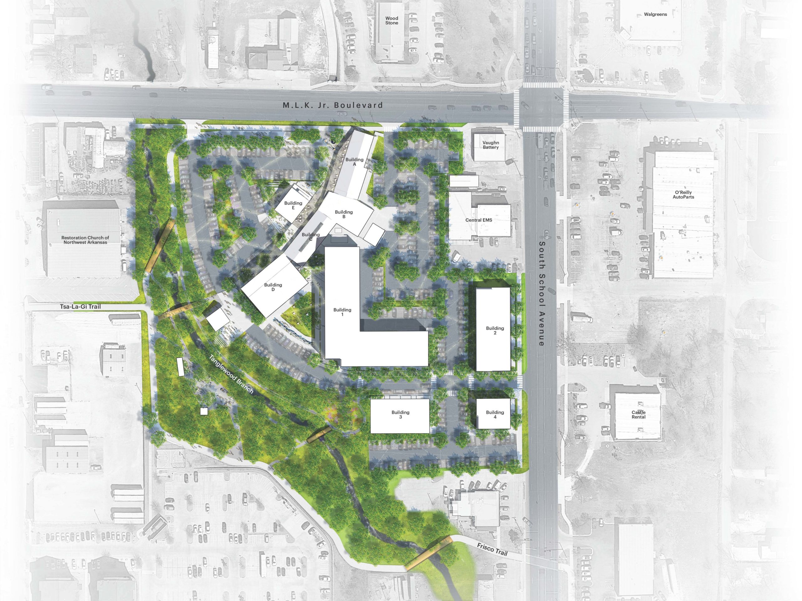 Siteplan showing four existing buildings now in use by the Farmers Cooperative as well as new construction under consideration