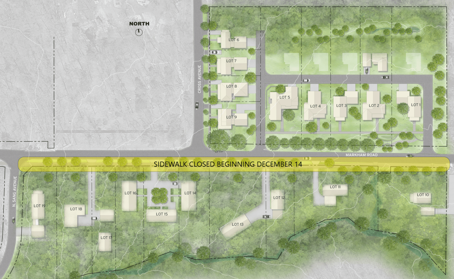 Map showing a highlighted area along the south side of Markham Road