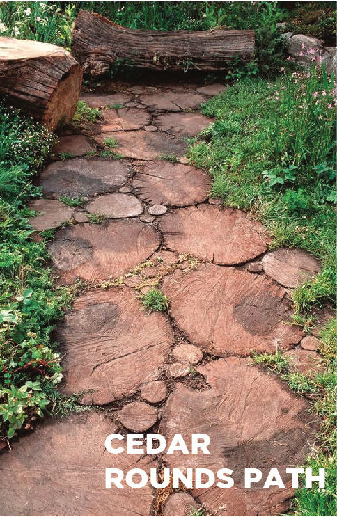 A garden path made of cross-sections of salvaged cedar rounds