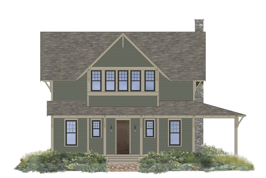 Rendering of a two story house with green siding and a large wraparound porch