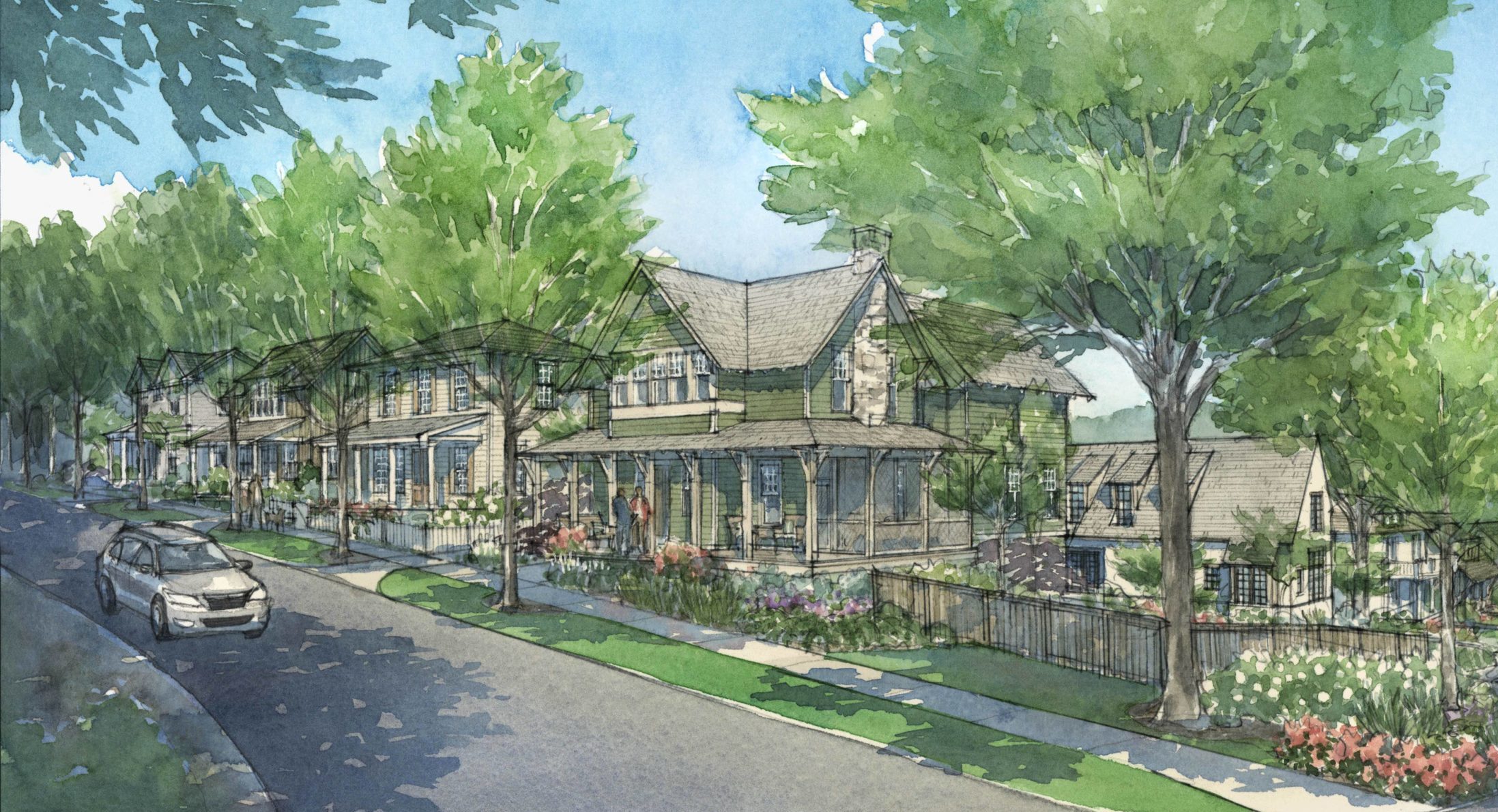 A watercolor rendering shows the intersection of Cross Ave and Markham Road with street trees and a series of traditional style two story homes.